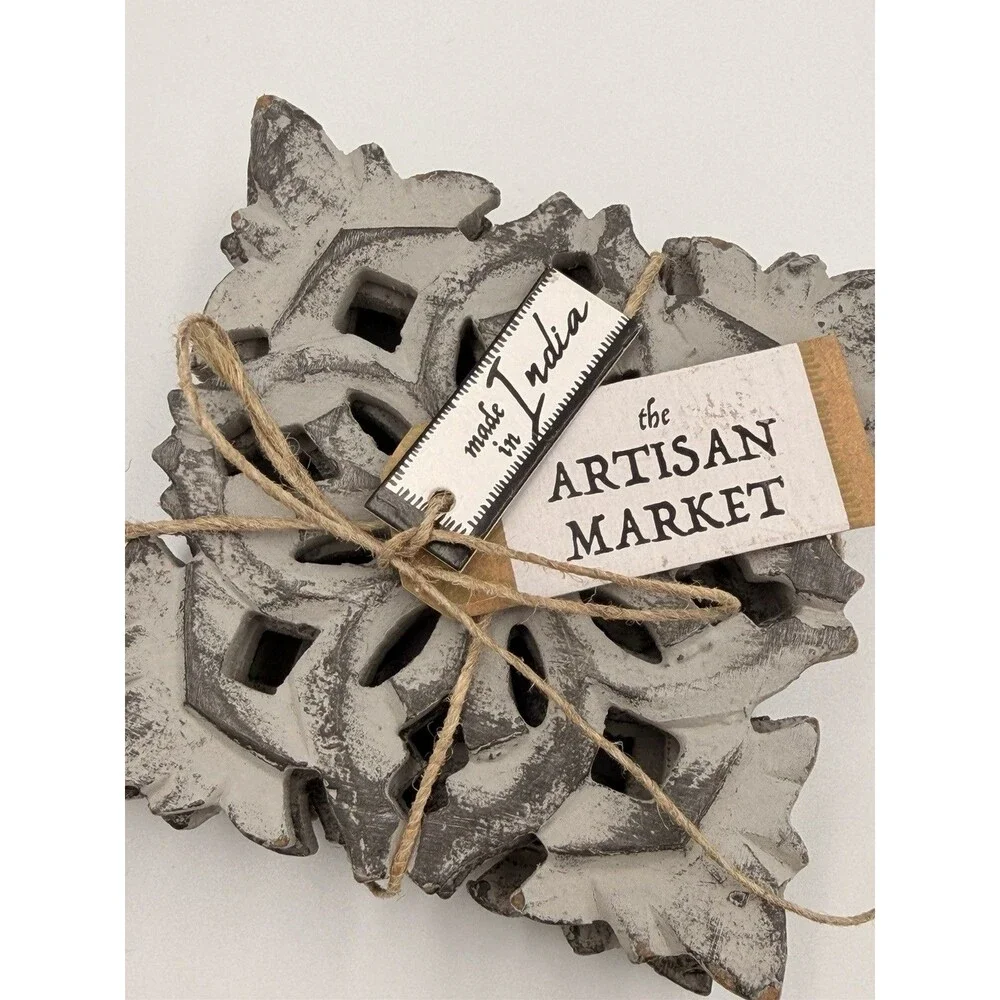Artisan Market Hand Carved Wood Coasters Gray Distressed Set of 4 Farmhouse 4x4